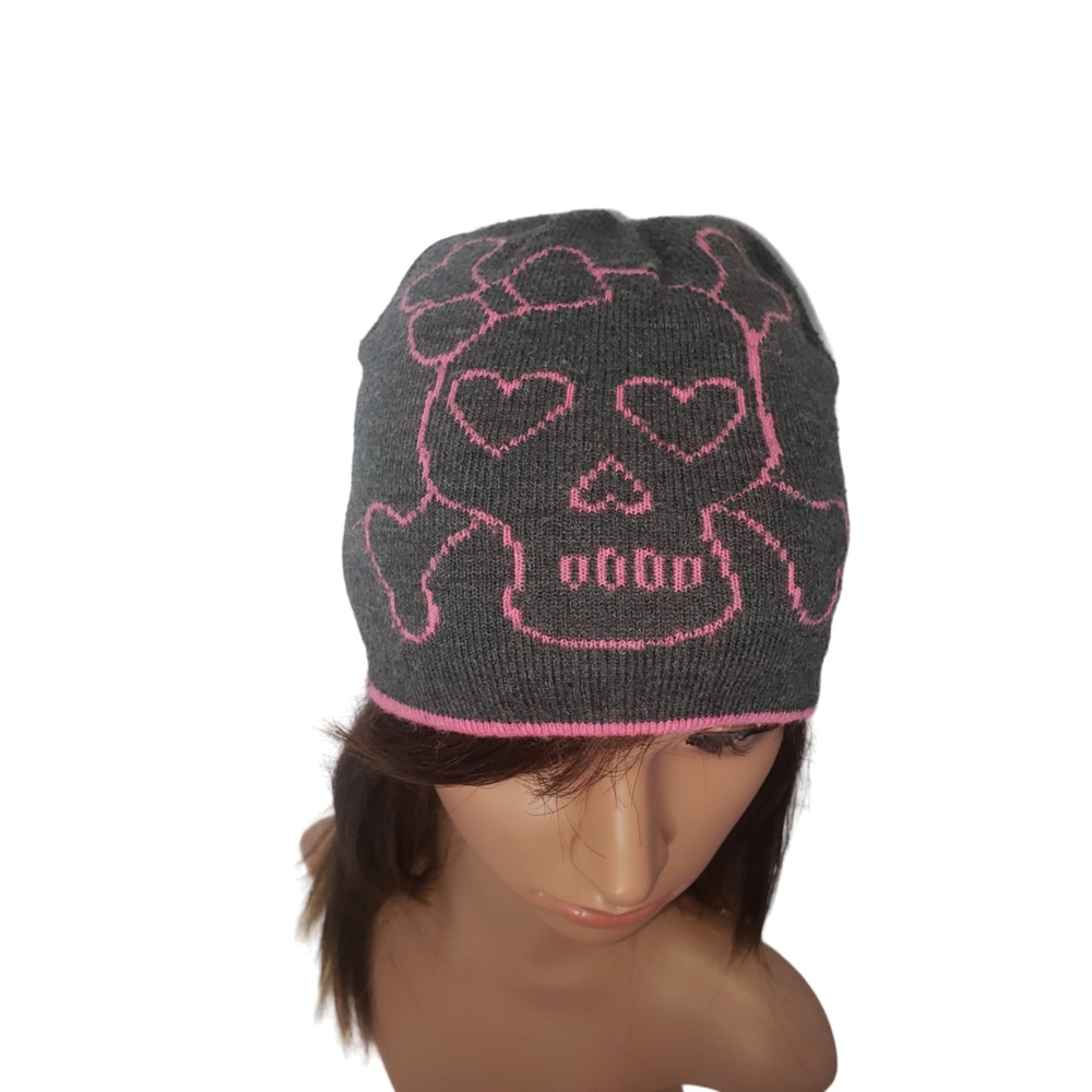 GRAY WITH PINK SKULL Reversible Stripes Winter Beanie Hat